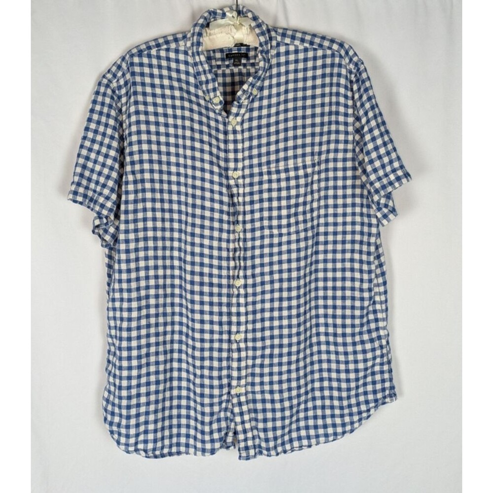 Banana Republic Button Down XL Men's Blue White Gingham 100% Linen Short Sleeve